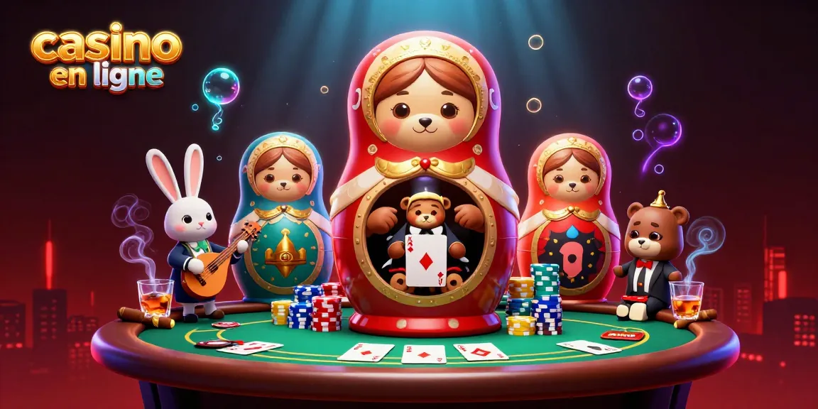 Jouez au casino en ligne avec des ours matriochka et un lapin au balalaïka. Détails colorés et festifs.