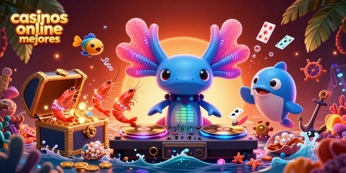 Presentación de los casinos online mejores con un DJ axolote en un entorno vibrante y dinámico.