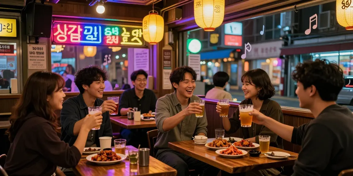 Experience vibrant nightlife at 상봉동 한국관나이트 with friends enjoying Korean dishes and drinks.