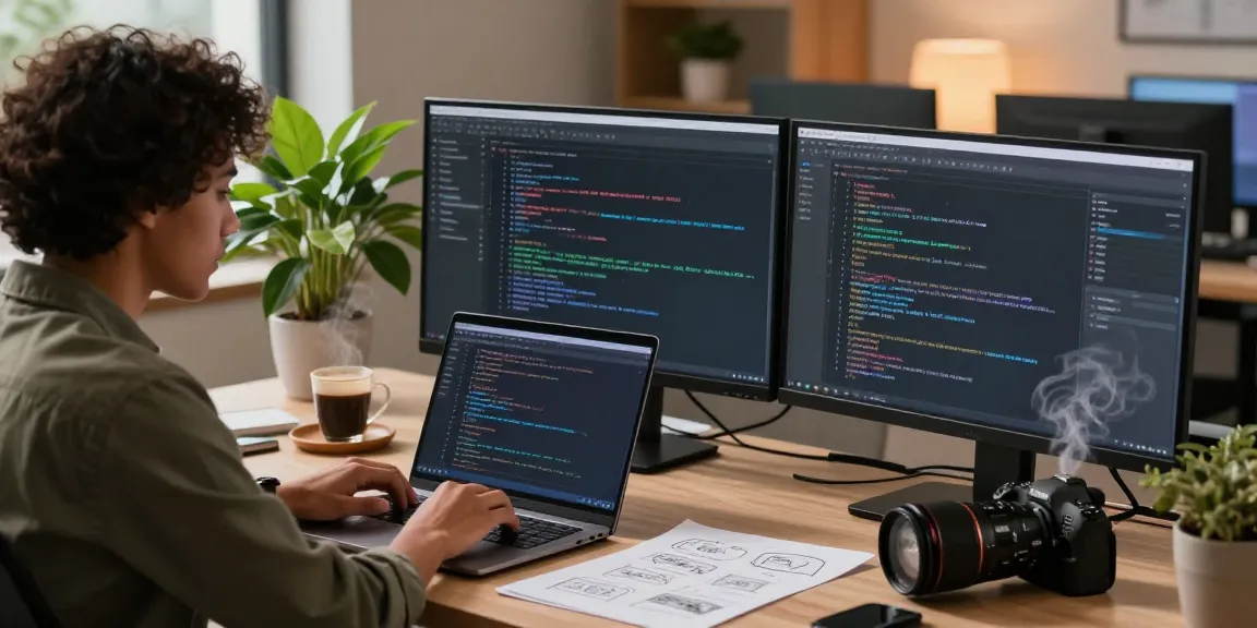 Engaging tech workspace with koboldai development, diverse programmer coding on laptop, dual monitors showcasing AI interfaces in a warm office
