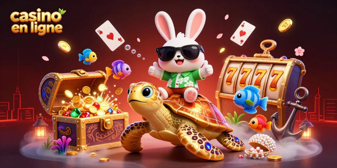 Une scène dynamique avec un lapin chanceux et une tortue géante, affichant des symboles de casino en ligne.