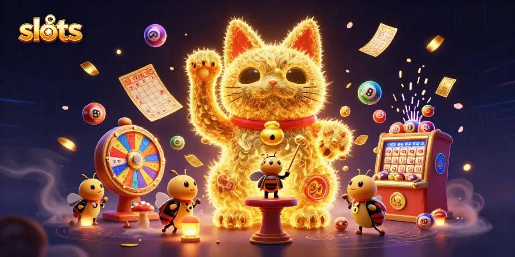 Experience thrilling slots action with an artistic illustration of a lucky cat and dynamic casino elements.