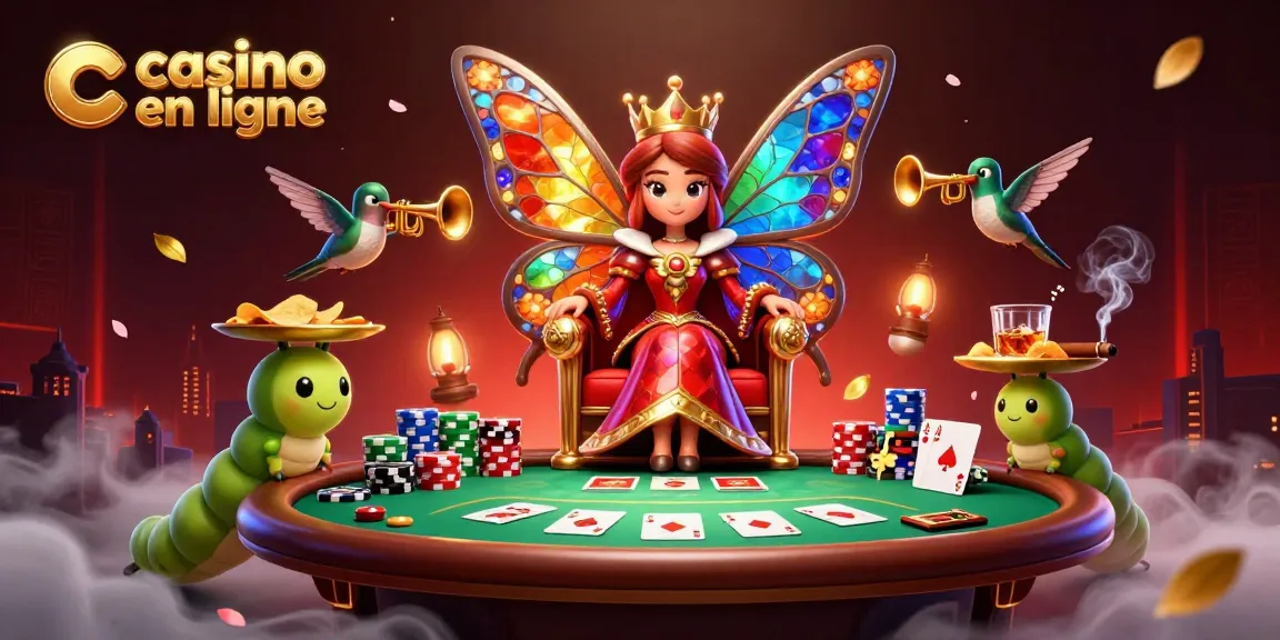Vivez l'expérience d'un casino en ligne avec une reine papillon dans un monde vibrant de jeux et de mises.