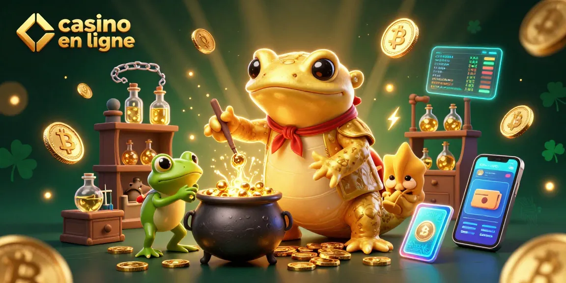 La scène de casino en ligne animée avec des personnages illustrant des alchimistes et des éléments de cryptomonnaie.