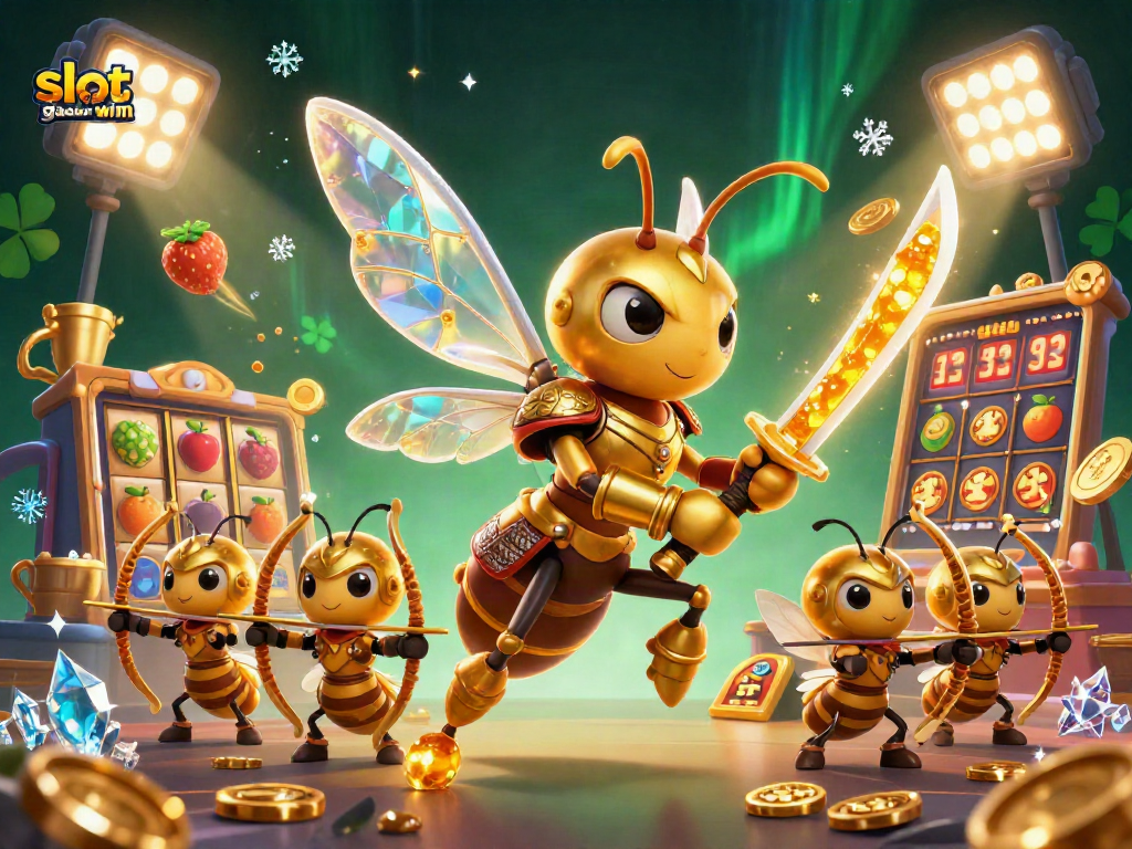 Experience thrill with the giant golden hornet samurai in "slot gacor maxwin" amidst dynamic slot game elements.