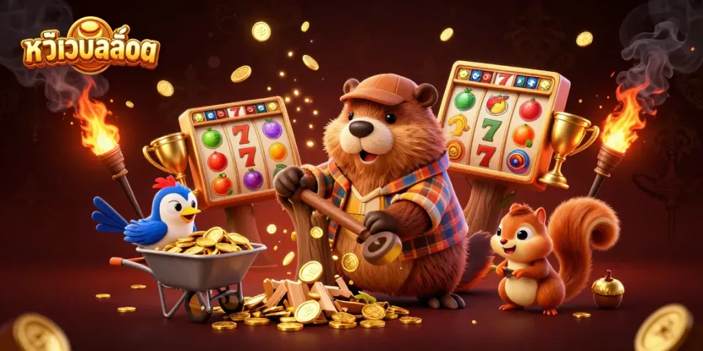 Spin the slots at the หน้าเว็บสล็อต with vibrant characters collecting golden coins in this 3D illustration.