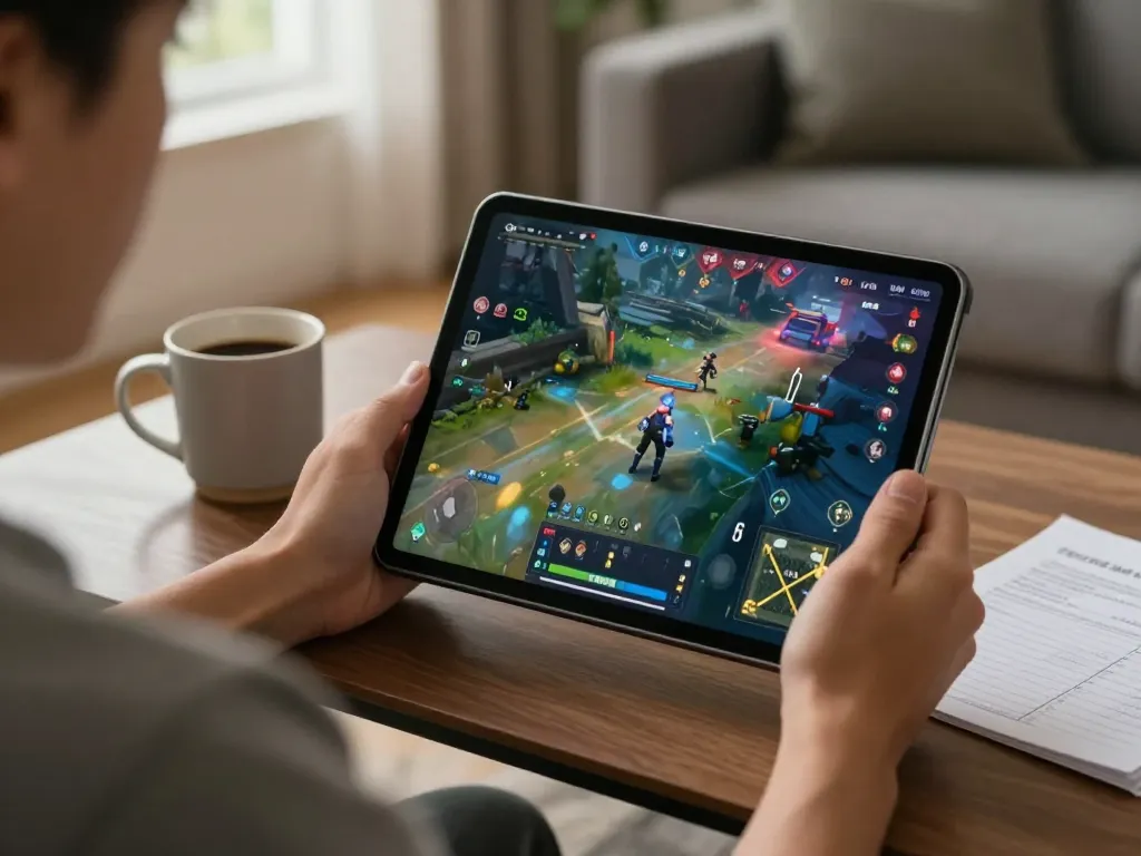 Engaging in an nsfw game while enjoying a cozy home atmosphere, person using tablet for gameplay.