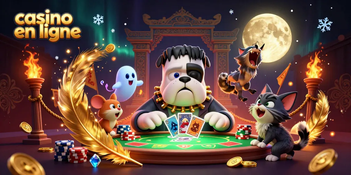 Table de casino en ligne animée avec des personnages fantastiques et de nombreux éléments de jeu.