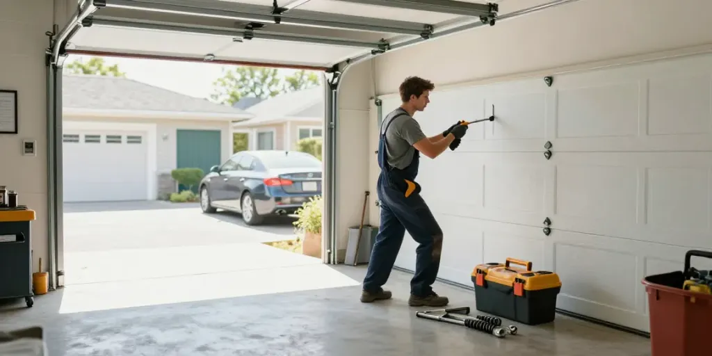 Expert garage door repair Morley by technician with tools and parts in residential garage.