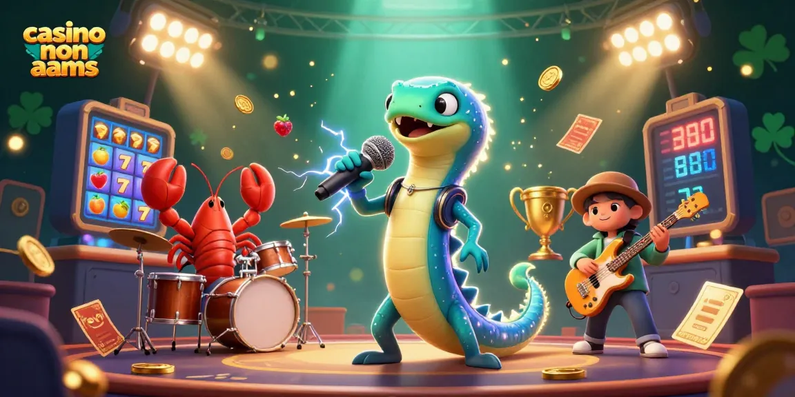 Gioca nei migliori casino non AAMS con un'illustrazione vivace di un'anguilla DJ e amici.