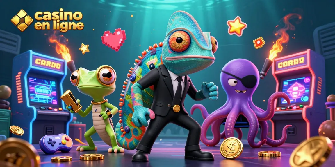 Illustration dynamique "casino en ligne" avec un caméléon agent secret et un gécko techno parmi des éléments de jeu.