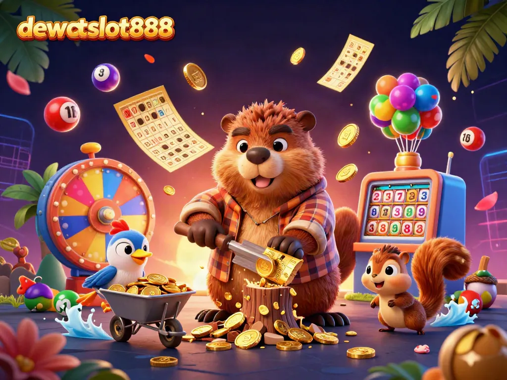 Ilustrasi 3D dewataslot888 dengan karakter unik bermain dan mengumpulkan koin di kasino.