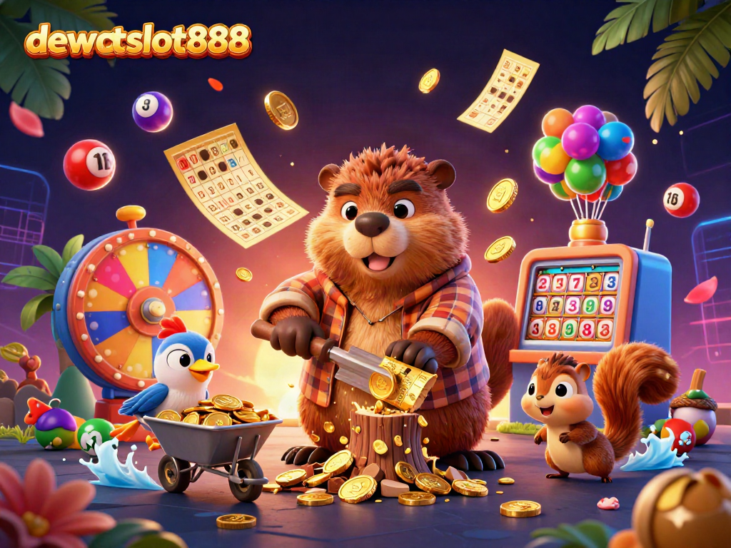Ilustrasi 3D dewataslot888 dengan karakter unik bermain dan mengumpulkan koin di kasino.