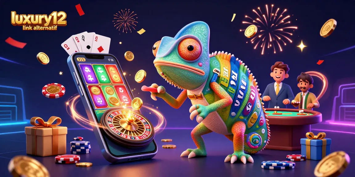 Experience thrilling gameplay with luxury12 link alternatif in this vibrant casino scene featuring an animated chameleon owner.
