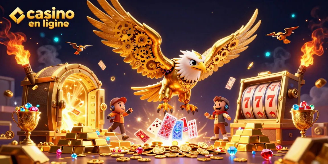 Profitez des gains au casino en ligne avec une illustration dynamique d'aigle et de cartes à jouer.