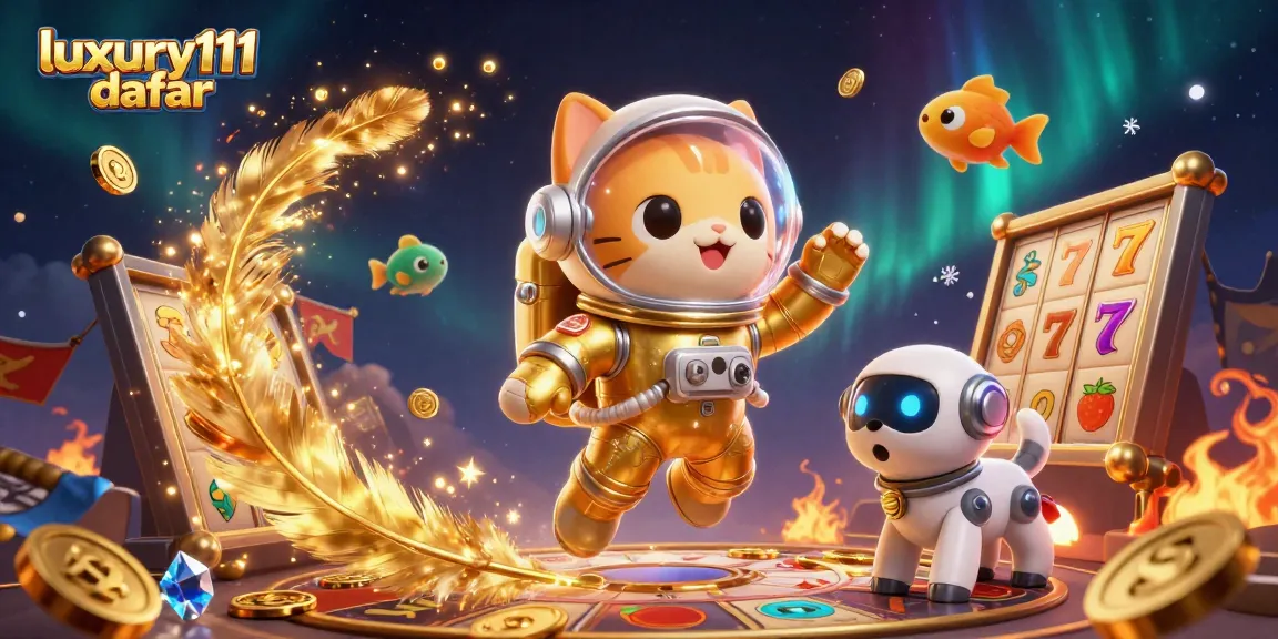 Engage with luxury111 daftar and explore a vibrant 3D casino scene featuring a floating astronaut cat.