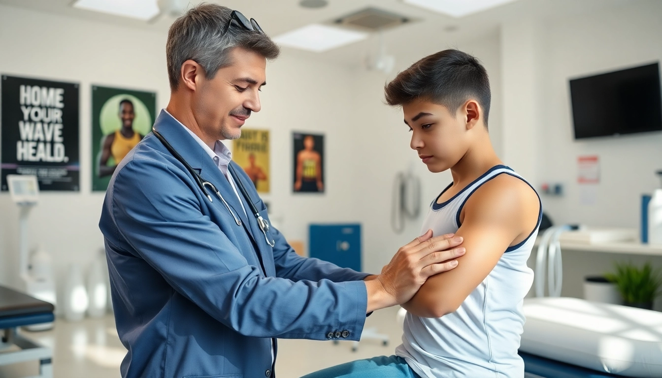 Seventeen Physio therapist guiding an athlete during a rehabilitation session in a bright clinic.