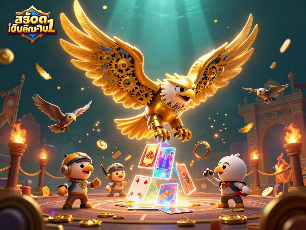 Experience สล็อตฝากขั้นต่ำ1บาท with a dynamic 3D illustration of casino elements and golden eagle characters.
