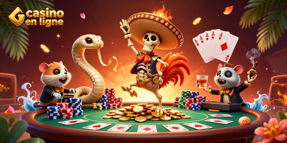 Le casino en ligne offre une scène vibrante avec un coq, une momie et un DJ hamster célébrant sur des pièces d'or.