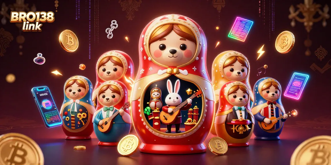 Engage with BRO138 link, a vibrant 3D digital casino scene showcasing Matryoshka bears and crypto elements.
