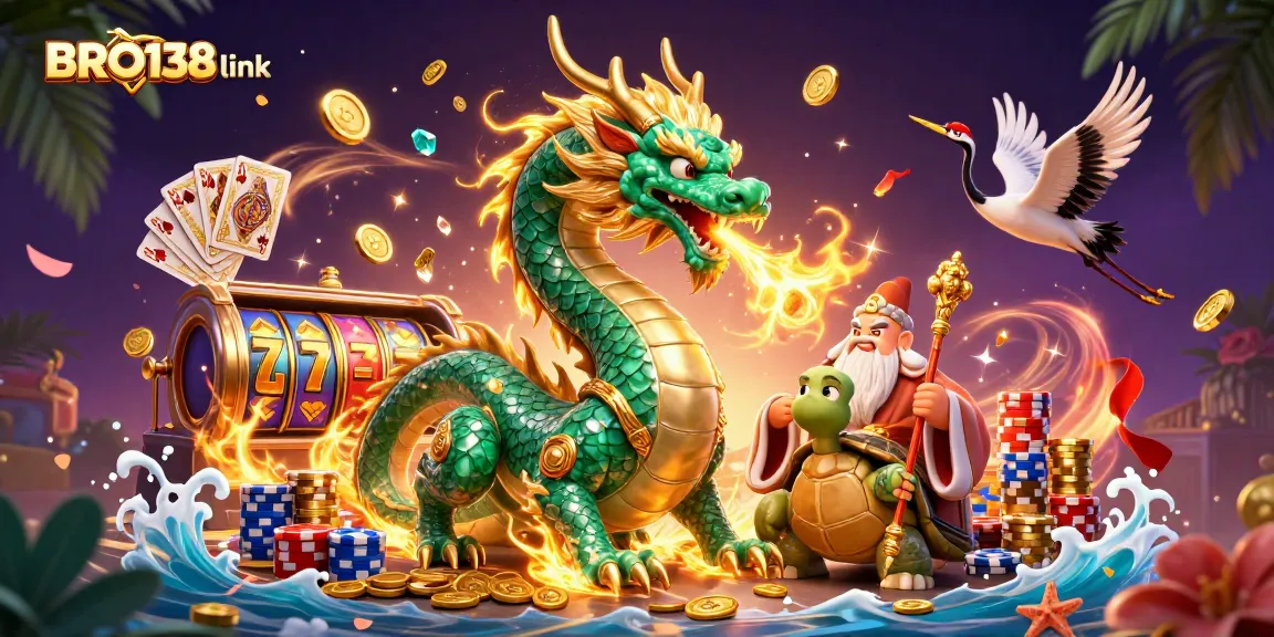 Experience the thrill of gaming with BRO138 link, featuring a jade dragon and slot elements in a vibrant 3D illustration.