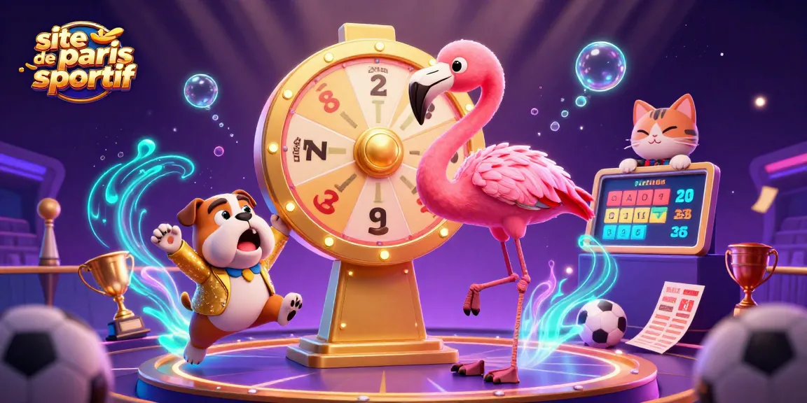 Illustration dynamique des paris sportifs avec site de paris sportif, mettant en avant un animateur vibrant et des personnages interactifs.