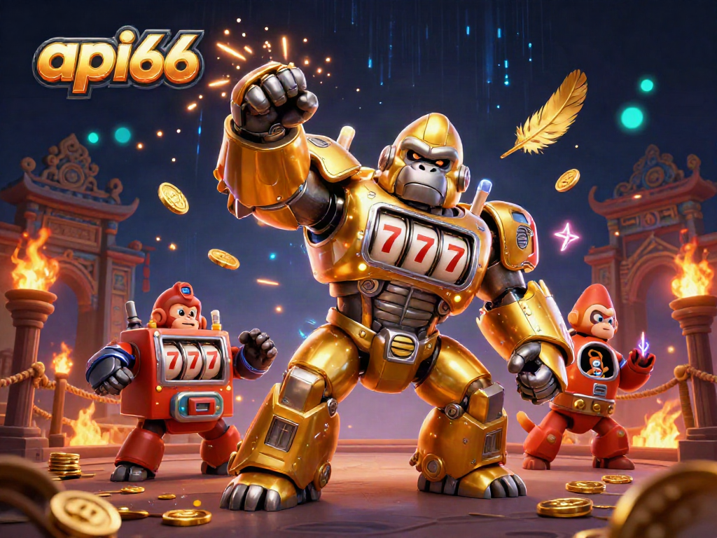 Experience thrilling gameplay with api66 showcasing a dynamic 3D gorilla mech and exciting casino elements.