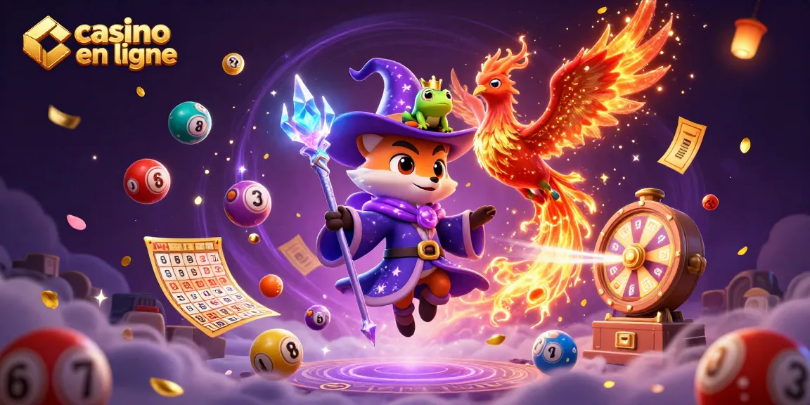 Illustration dynamique de magie et de chance pour casino en ligne avec un renard et un phénix.