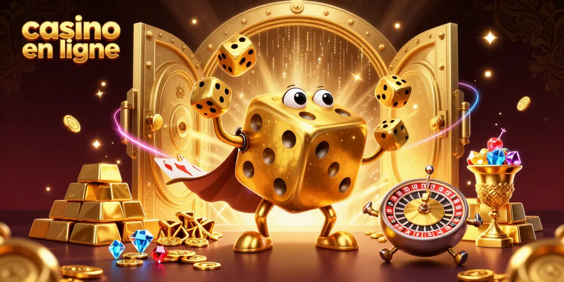 Images captivantes de casino en ligne présentant un golem de dés dorés jonglant avec des dés plus petits et un compagnon en tête de roulette.