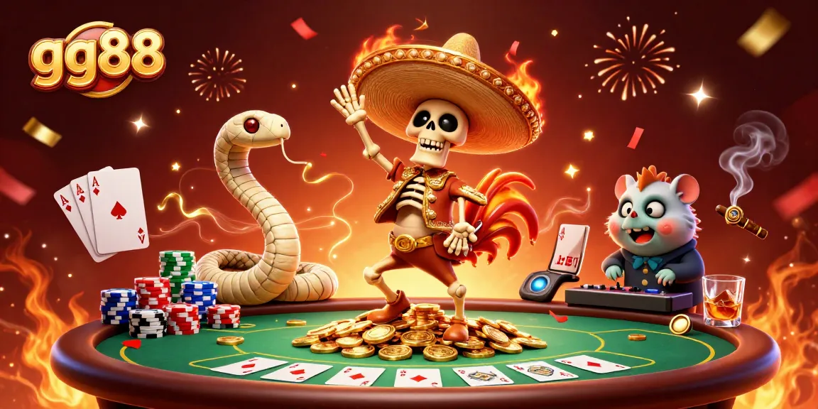 Experience exhilarating gaming thrills with gg88 as a cartoon skeleton marinates in golden glory.