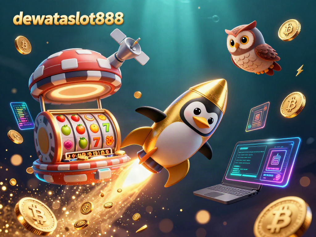 Menangkan jackpot di dewataslot888 dengan penguin emas terbang dan simbol slot yang menghibur.