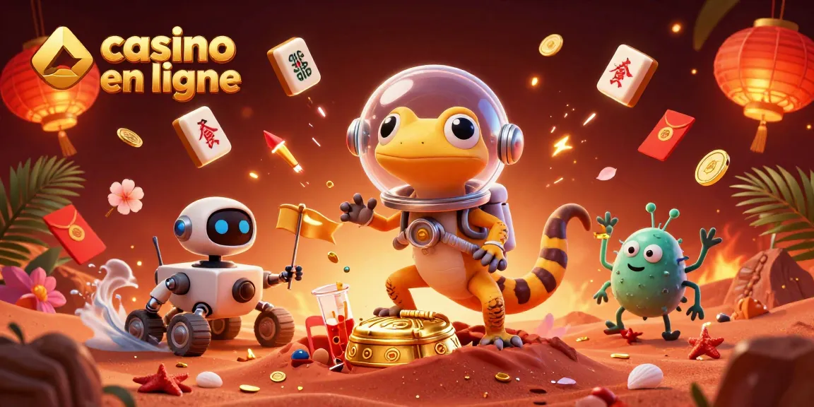 Image illustrant un casino en ligne avec un gecko martien et des éléments de jeu festifs.