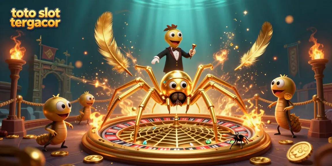 Engage in thrilling action with toto slot tergacor, featuring a golden spider and a croupier in a vibrant casino scene.