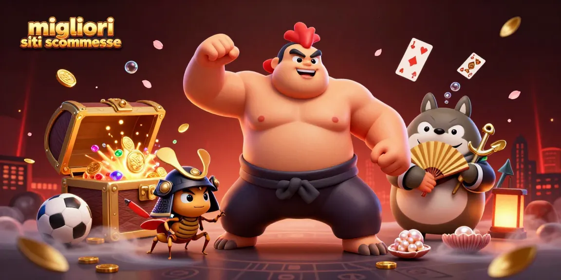 Unisciti a noi sul migliori siti scommesse con un rooster sumo e un grillo samurai in un'illustrazione vivace.