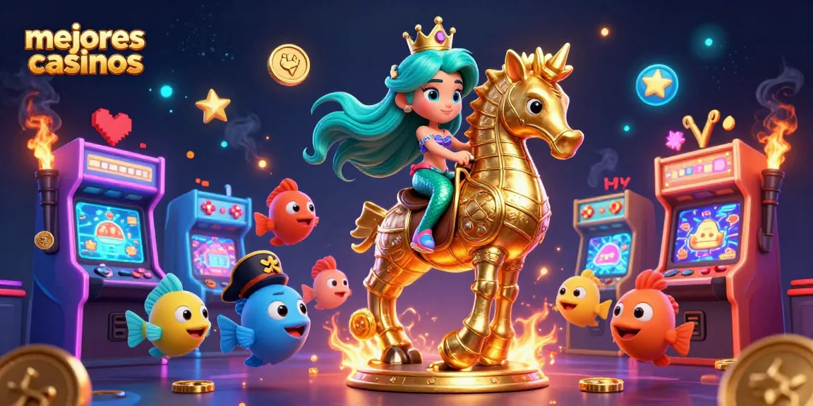 Explora los mejores casinos disfrutando de una escena de casino vibrante llena de colores y personajes animados.