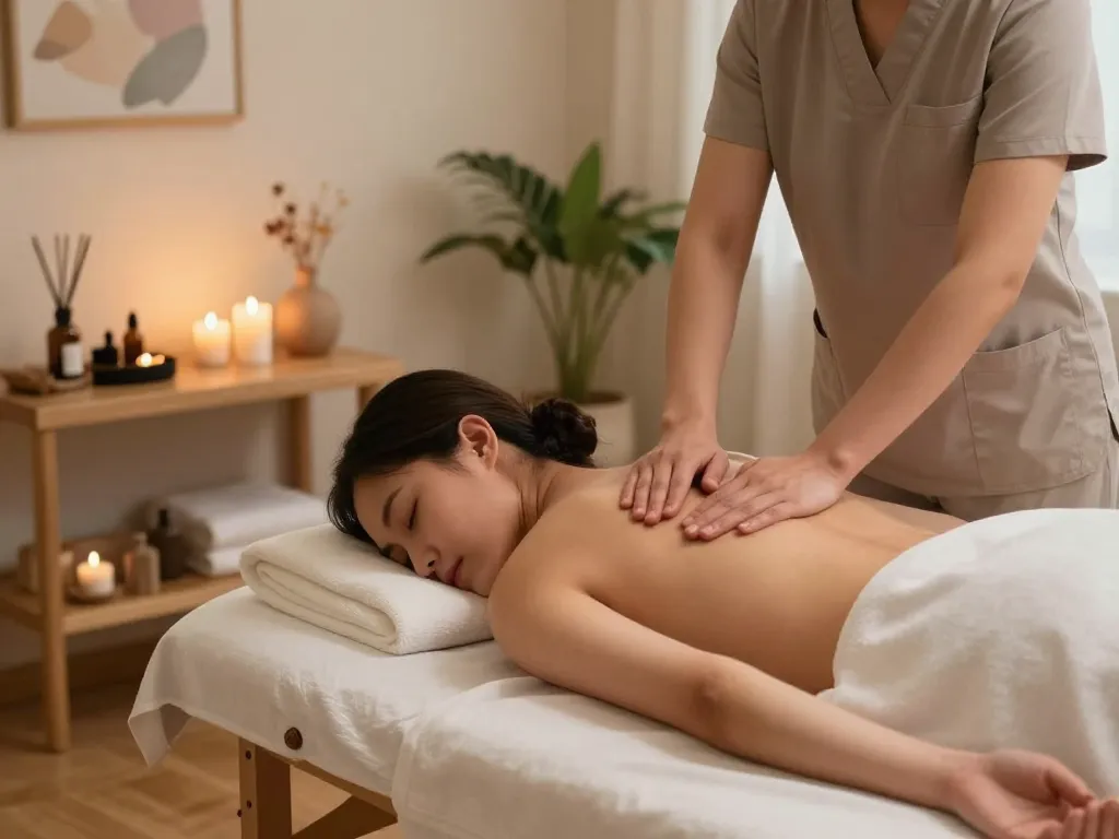 Client receiving a 스웨디시 massage in a tranquil wellness spa, promoting relaxation and well-being.