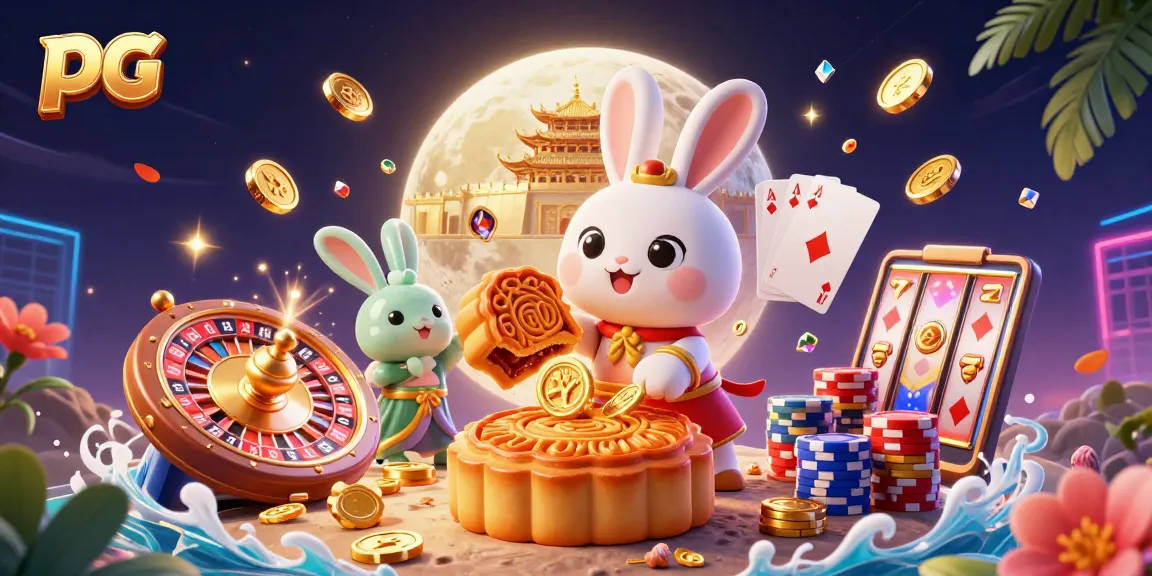 Engaging pg casino moment with a moon rabbit revealing poker chips, vibrant slot elements, and festive treasures.
