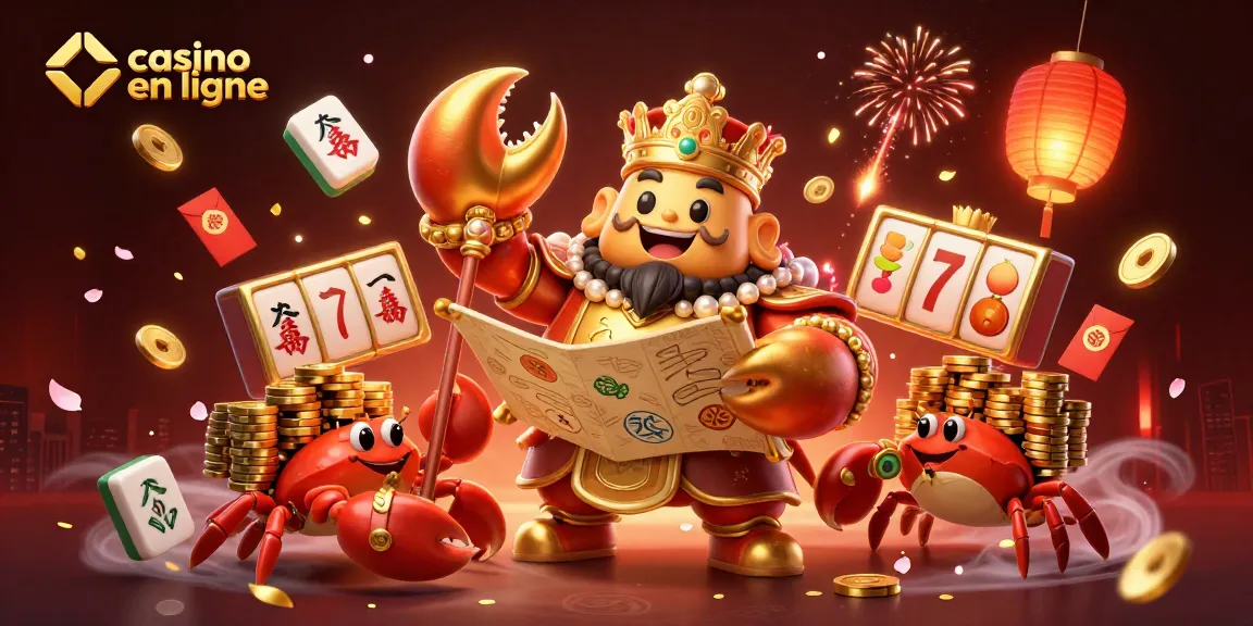 Admirez le crabe en or majestueux et ses serviteurs dans un casino en ligne animé.