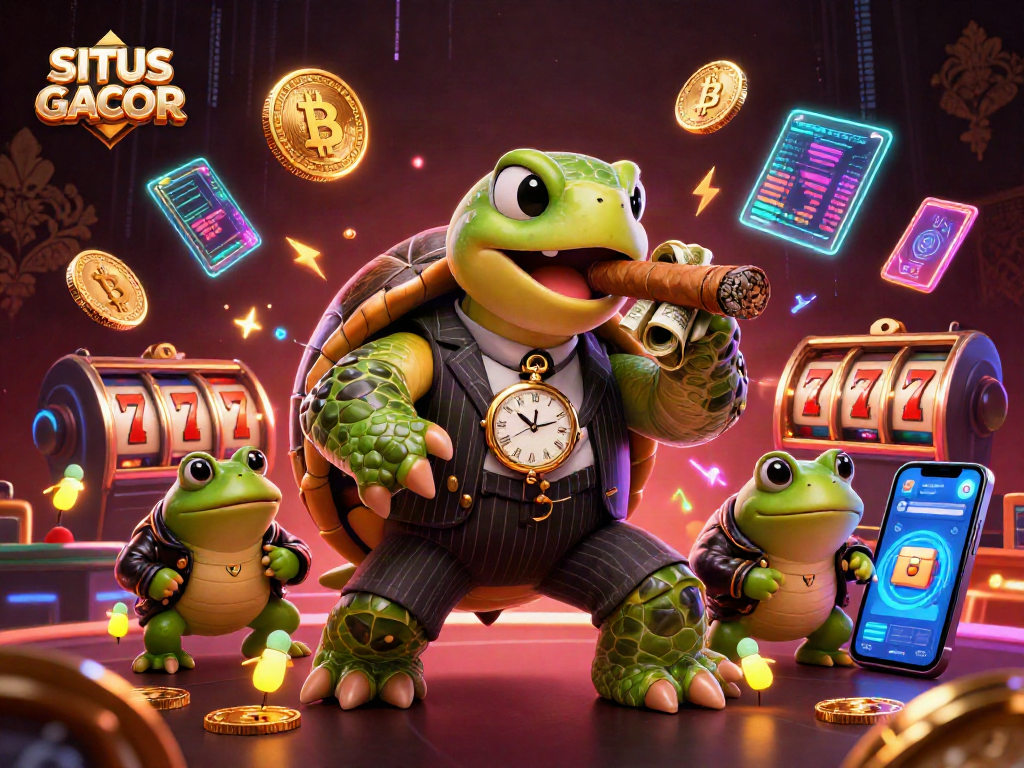 Experience excitement at SITUS GACOR with massive turtle mobster, luck-inducing slot elements, and glowing crypto coins.