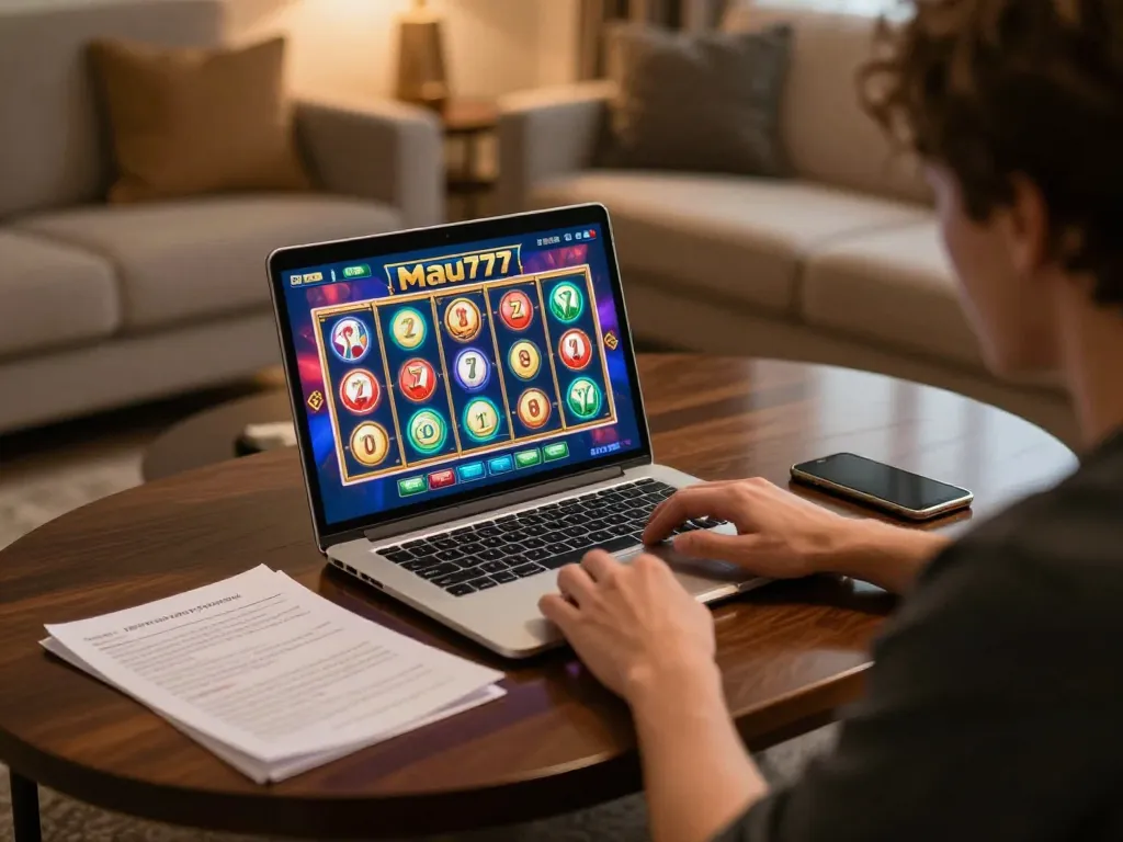 Pemain yang terlibat dengan permainan slot mau777 di laptop dalam lingkungan rumah yang nyaman, menampilkan elemen strategis.
