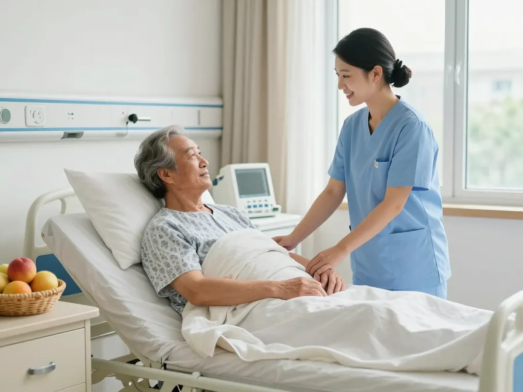 Assistive nursing care with a giường bệnh nhân in a bright hospital setting for elderly patients.
