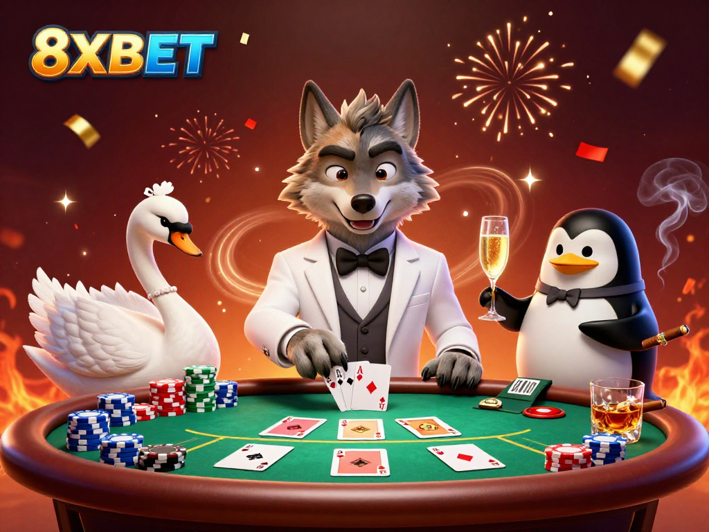 Experience the thrill of 8XBET with a debonair wolf at a baccarat table, cards and chips abound.
