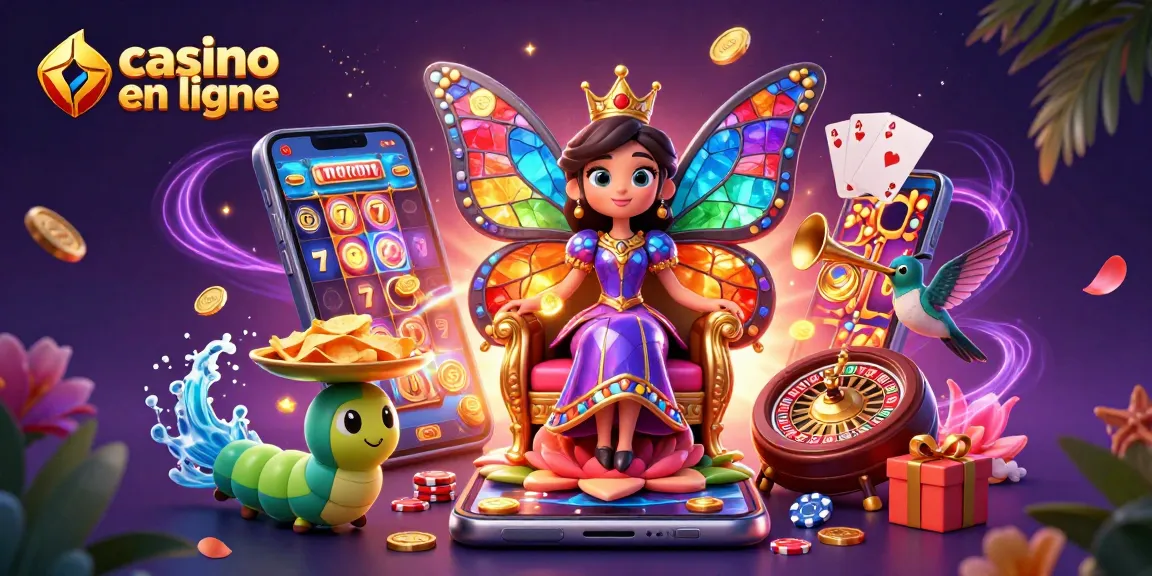 Vibrez au casino en ligne avec la reine des papillons entourée de jeux et de pièces d'or.
