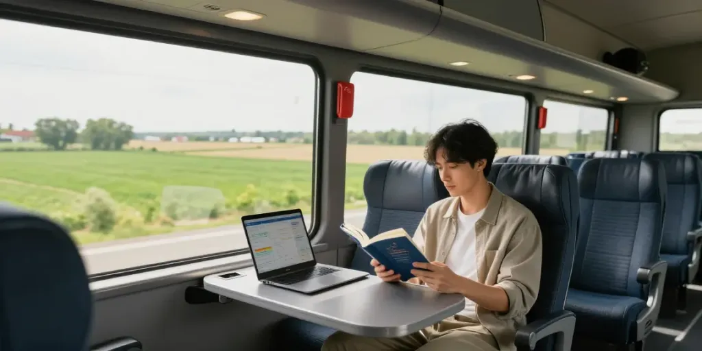 Autocar Chișinău Europa, călător confortabil citind carte în autocar modern.