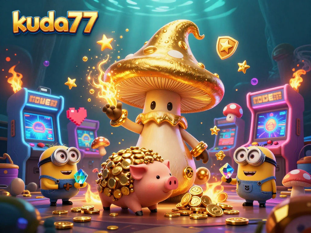 Mengaktifkan peluang menang di kuda77 dengan simbol slot dan karakter ajaib dalam ilustrasi 3D fantastis.