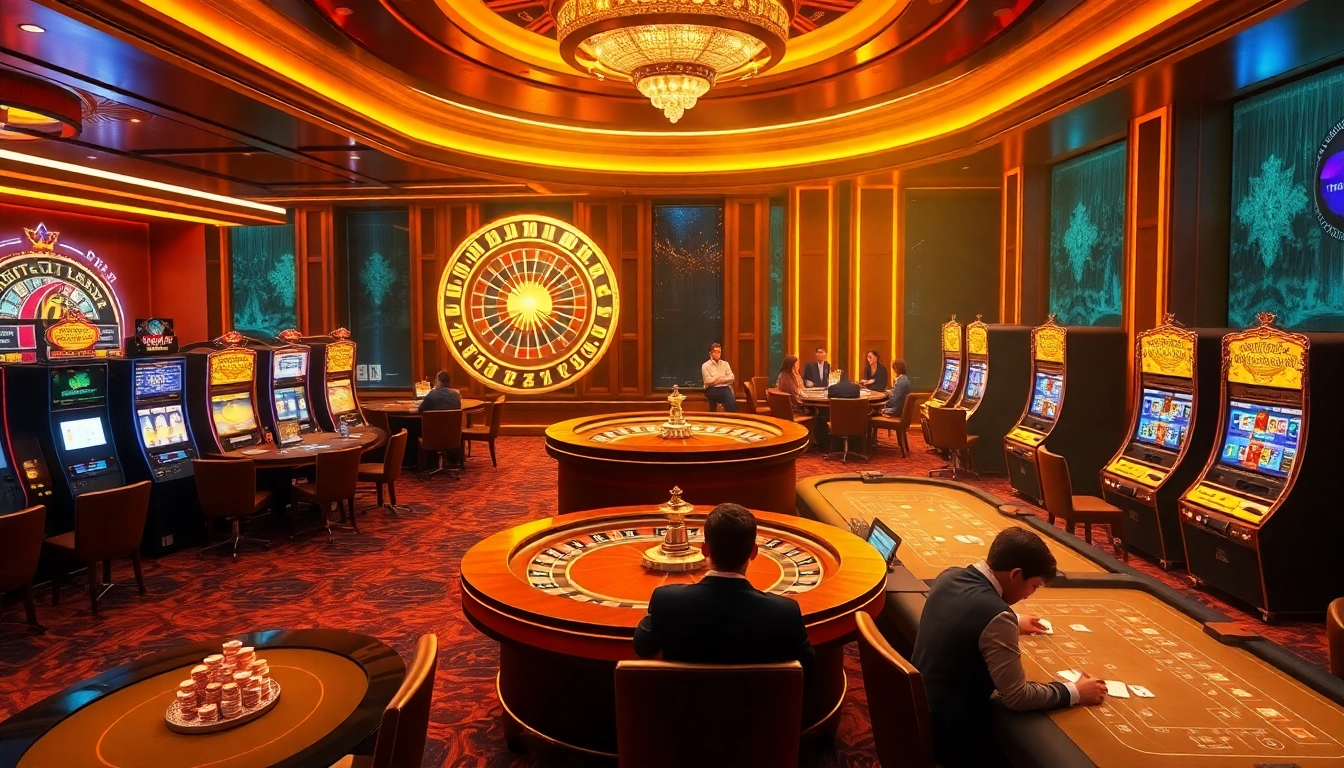 Participez à l'excitation du casino en ligne 2026 avec une scène de jeux d'argent en ligne dynamique comprenant le poker, les machines à sous et la roulette.