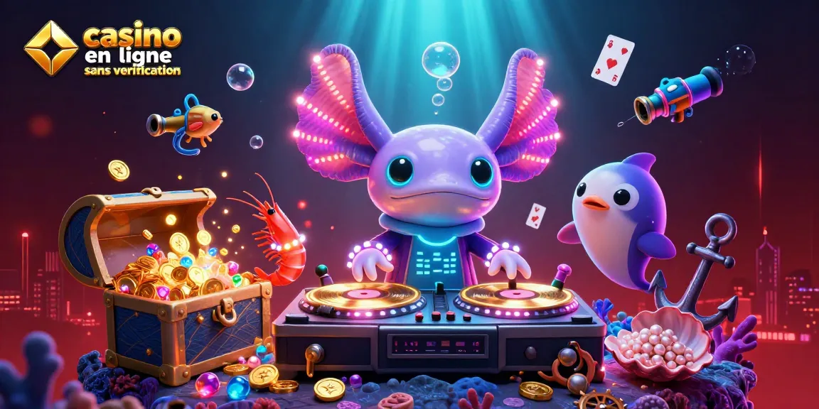 Une illustration dynamique mettant en scène un casino en ligne sans vérification, avec un DJ axolotl et des crevettes dansantes.