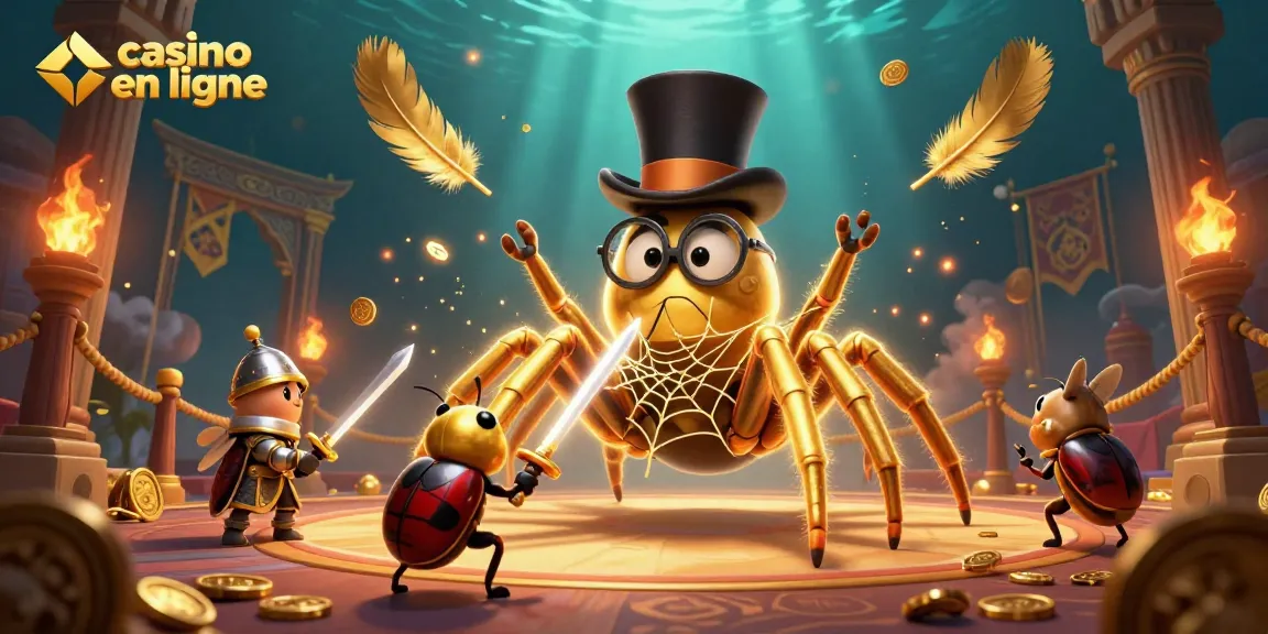 Casino en ligne avec une illustration 3D de tarentule et un chevalier, ambiance immersive.