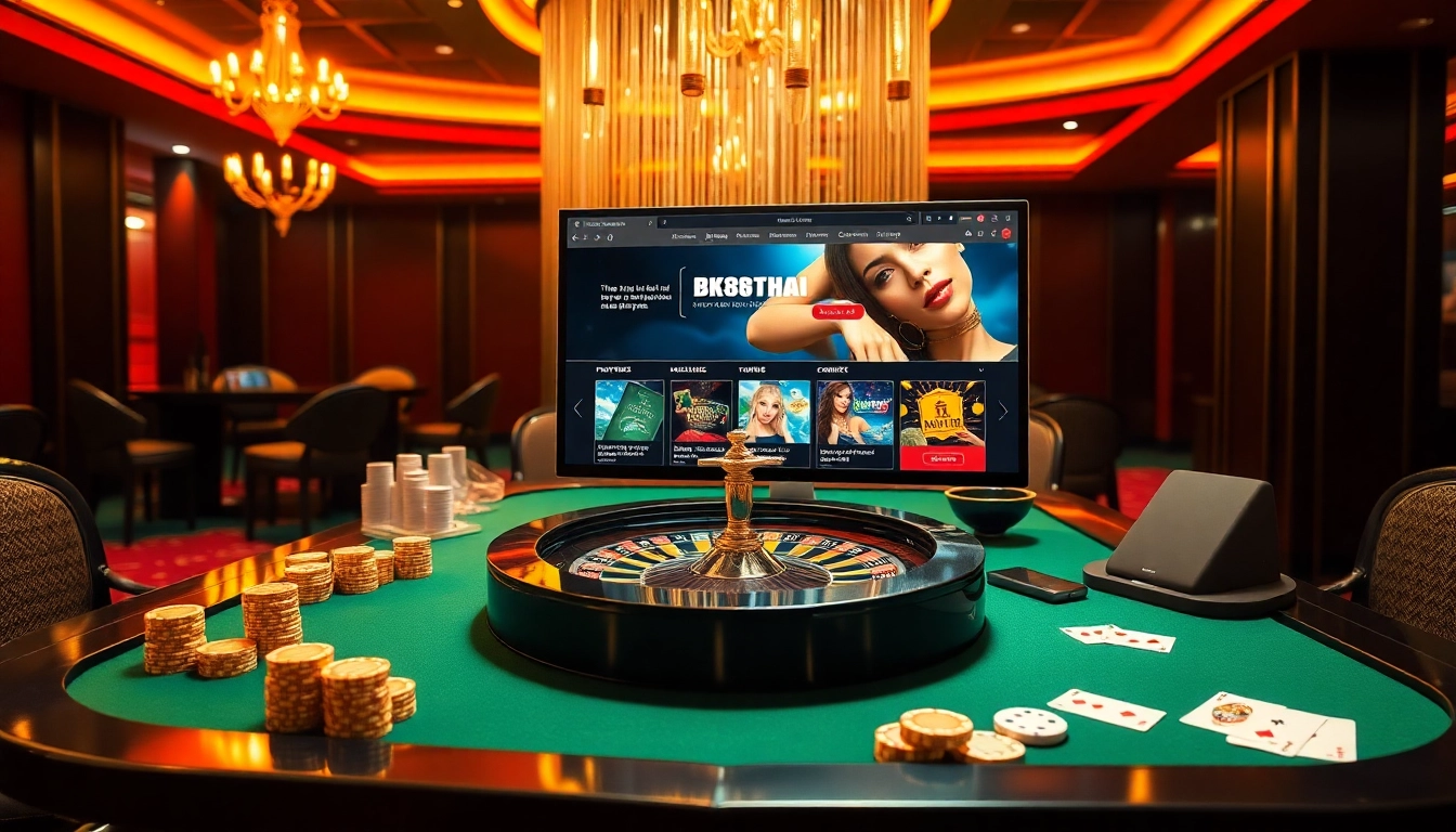 Experience thrilling gaming action on bk8thai's luxurious online platform featuring casino tables and exciting games.