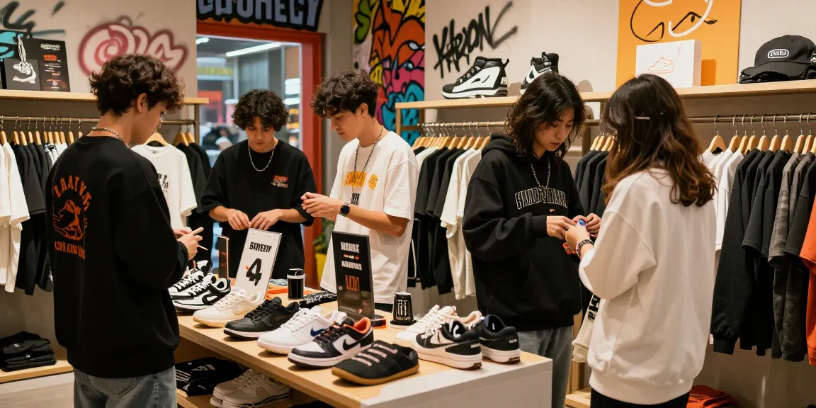 Vibrant shopping scene at a 레플리카 사이트 showcasing trendy streetwear and engaging shoppers.